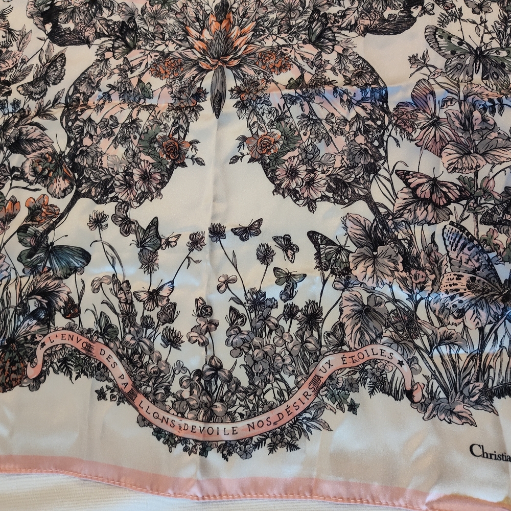 Christian Dior Silk Scarf Pink Butterfly Floral Around the World Italy NIB NWT - Picture 6 of 12